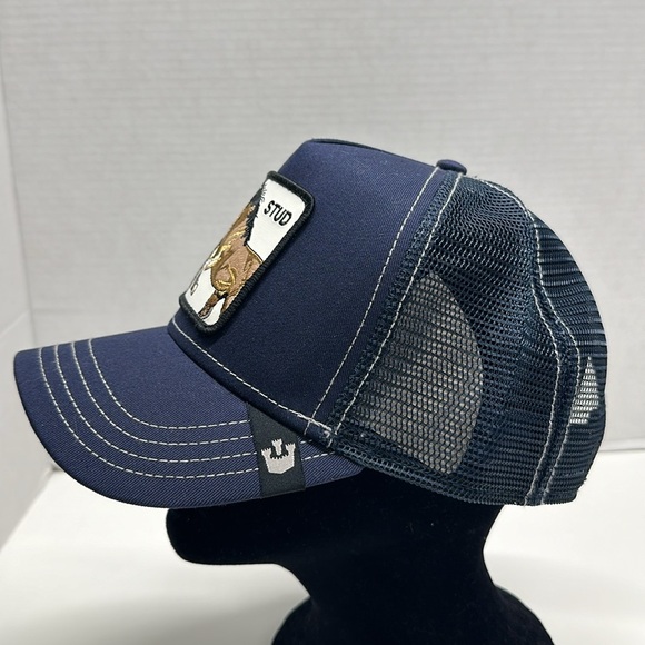 The Farm by Goorin Bros Trucker Hat Cap Stud Horse Cartoon Square Navy Blue New - Picture 2 of 8